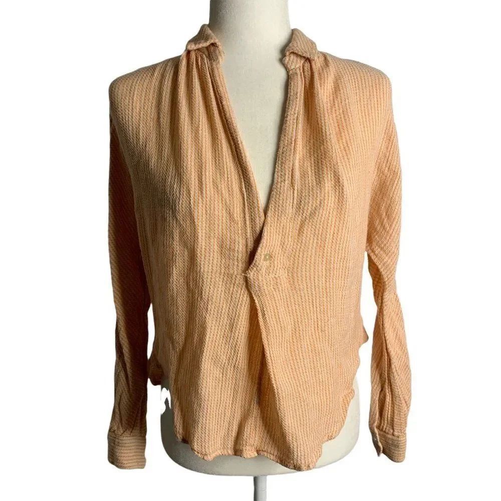 Free People Long Sleeve Knit Top XS Orange Stripe V Neck Collar Button Round Hem